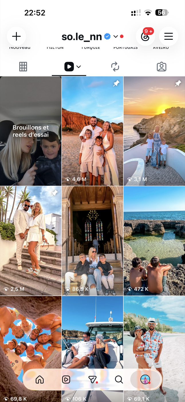 Sélection de Reels famille et voyage avec leurs nombres de vues
